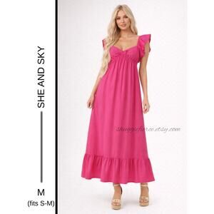 MSRP: $89✨She + Sky Hot Pink Flutter Sleeve Midi/Maxi Dress – Size M (fits S-M)✨